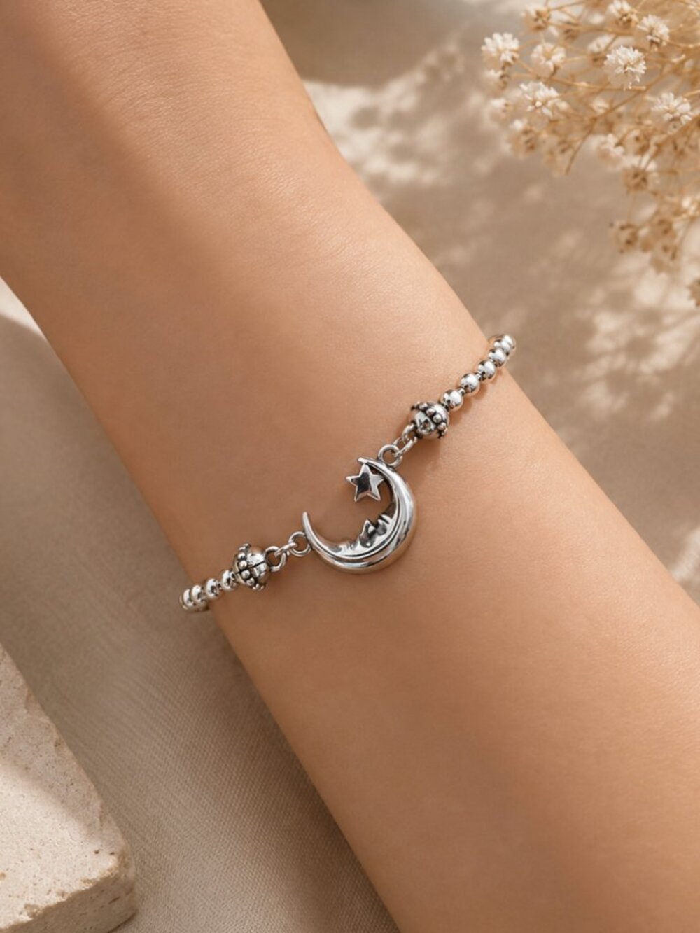 925 Sterling Silver Moon & Star Bracelet Dainty Bracelet Beaded Bracelet